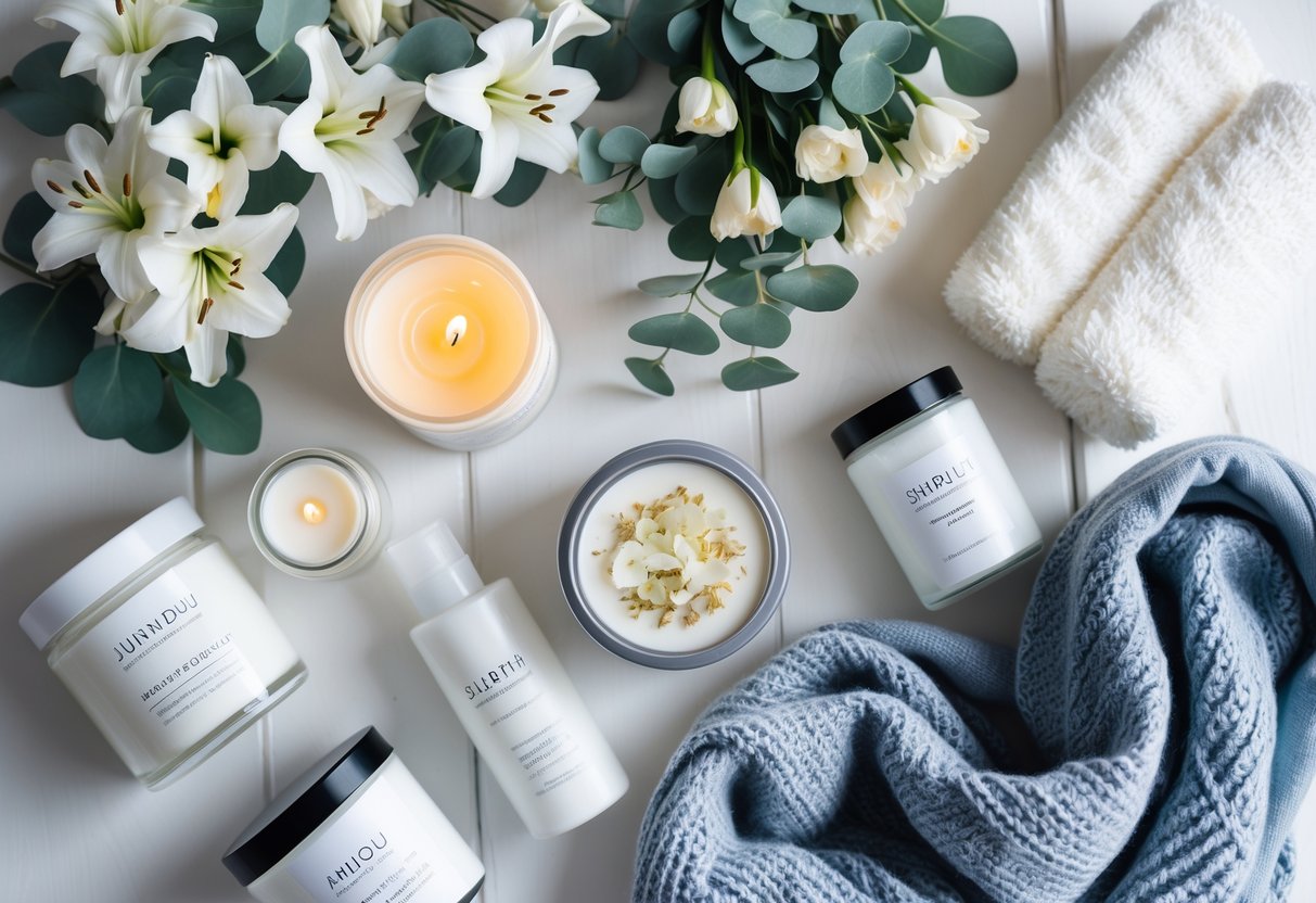 A flat lay of beauty and self-care gifts including skincare products, a scented candle, plush towels, winter flowers, and a knitted scarf arranged on a wooden surface.
