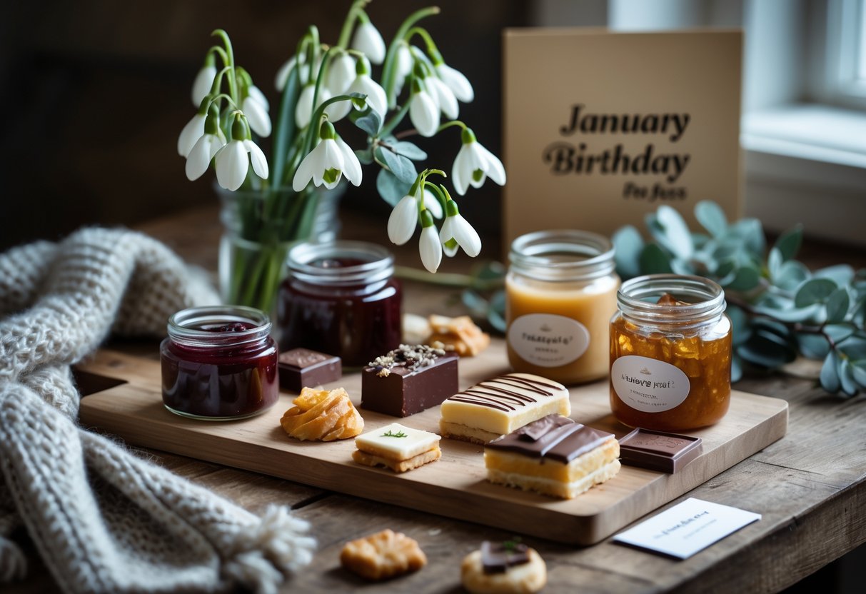 A table with gourmet chocolates, pastries, jars of jam, and winter flowers arranged as a birthday gift.