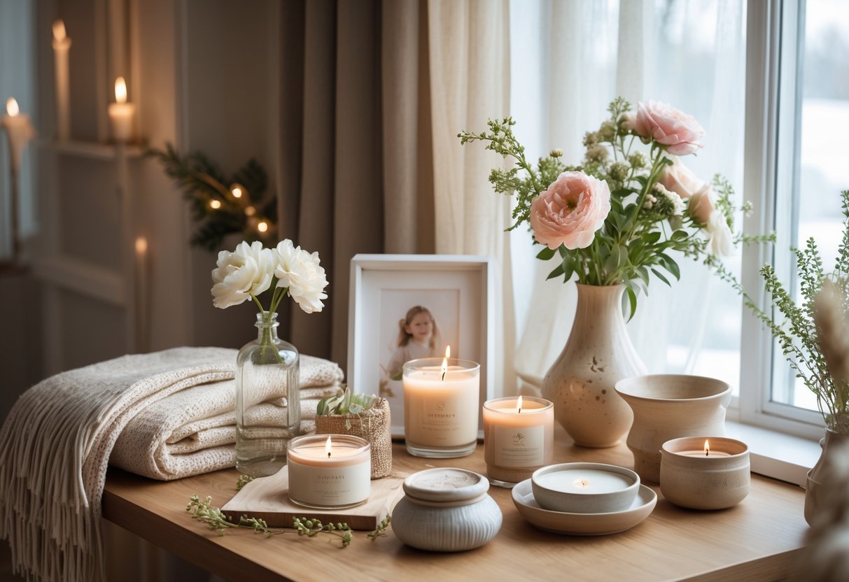 A cozy arrangement of home décor gifts including a throw blanket, candles, flowers in a vase, a photo frame, and ceramics on a wooden table near a window with soft natural light.
