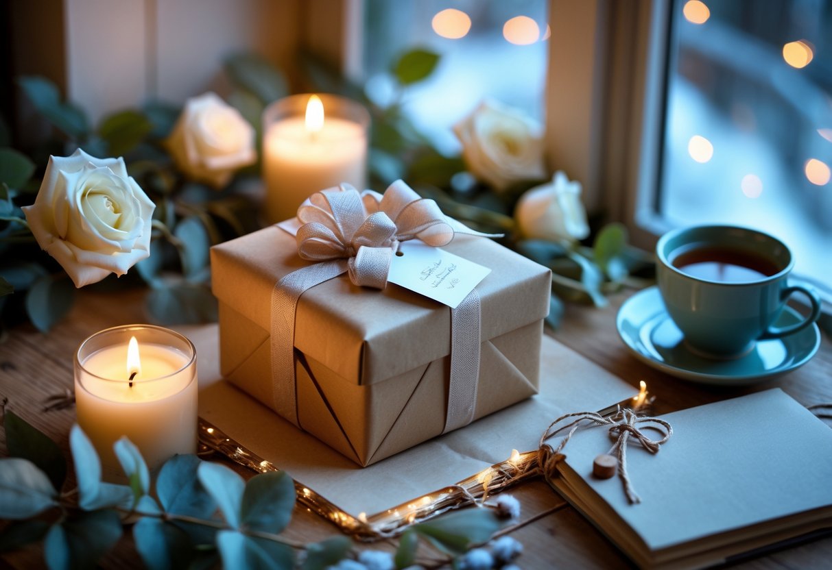 A wrapped gift box on a wooden table with candles, winter flowers, a journal, and a cup of tea by a window with soft morning light.