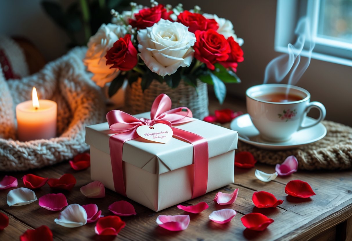 A wrapped birthday gift with a ribbon on a wooden table surrounded by rose petals, flowers, a lit candle, a knitted blanket, and a cup of tea.