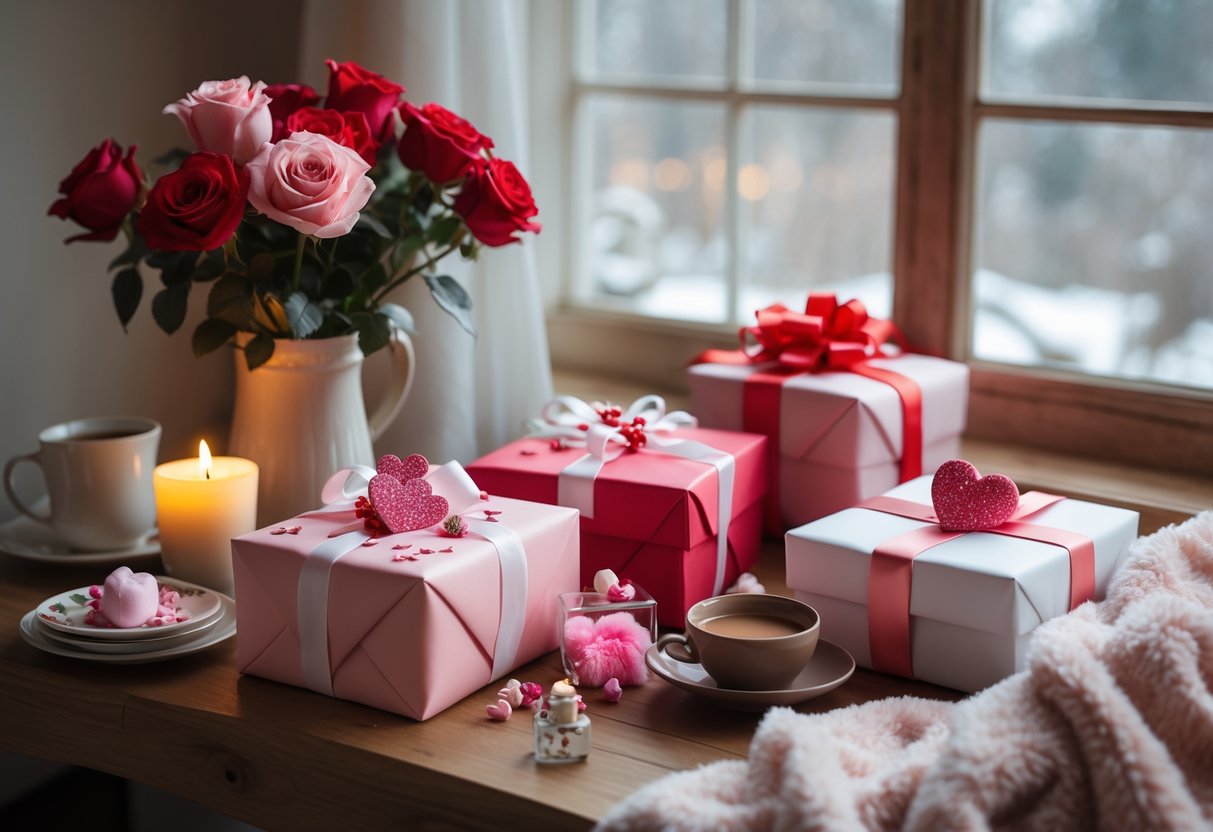 A cozy table with wrapped birthday gifts, roses, a lit candle, a plush blanket, and a cup of tea, creating a warm and loving atmosphere.