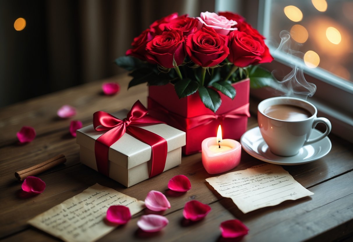 A romantic gift set with a wrapped box, red and pink roses, a heart-shaped candle, rose petals, a love letter, and a cup of hot chocolate on a wooden table.
