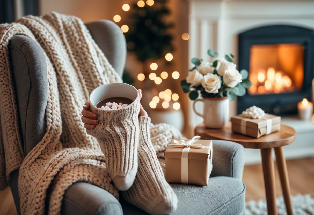 A woman in a cozy sweater sits in a comfortable armchair by a fireplace, unwrapping a gift with wrapped presents and a mug of hot chocolate on a nearby table.