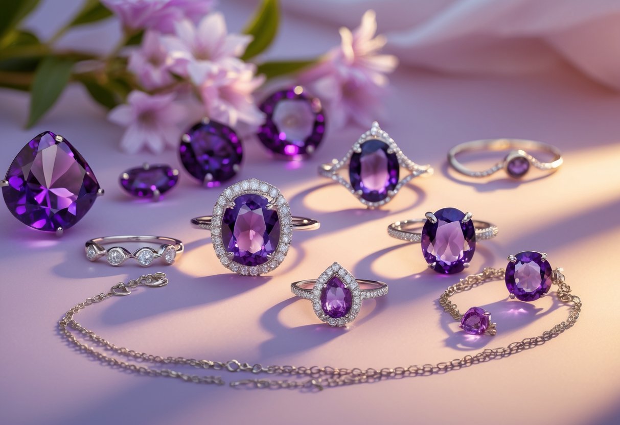 Close-up of amethyst gemstones and silver jewelry arranged on a warm-toned surface.