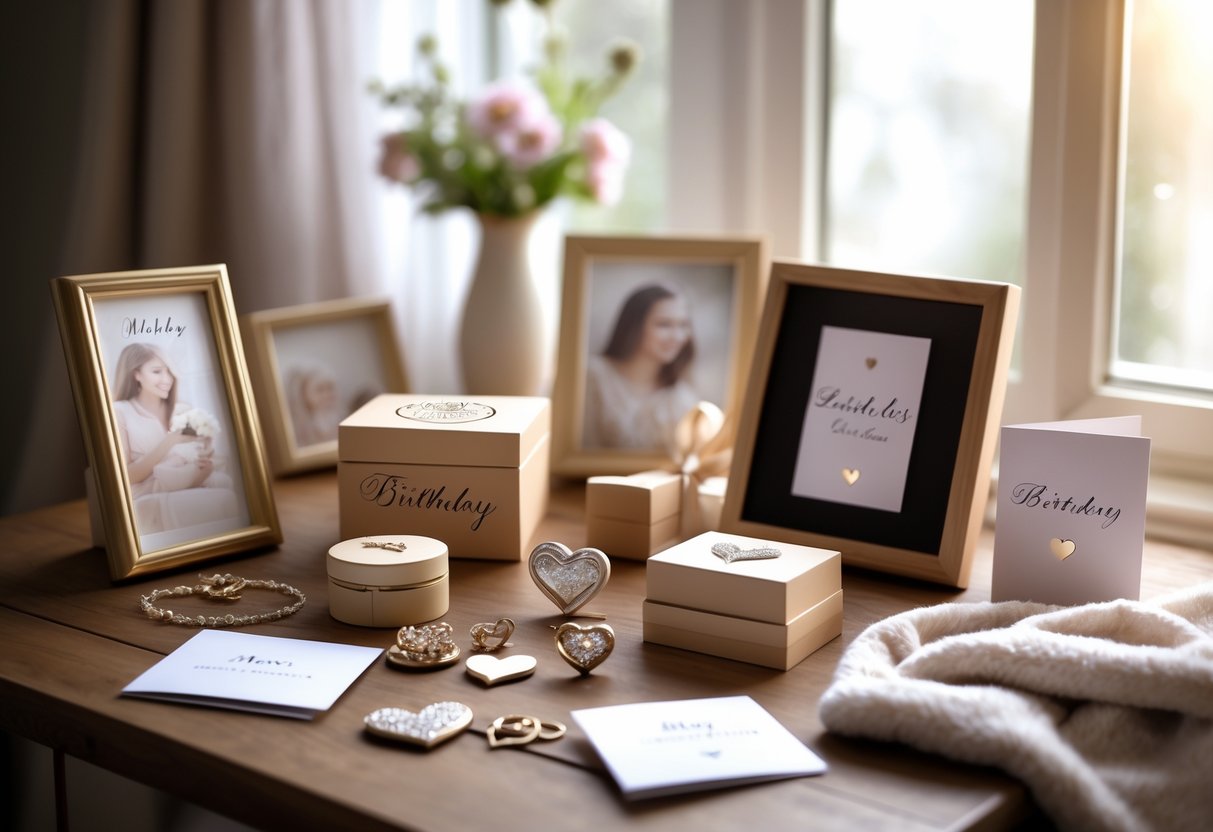 A collection of personalized keepsakes like engraved jewelry boxes and custom photo frames arranged on a wooden table with soft natural light and cozy home decor in the background.
