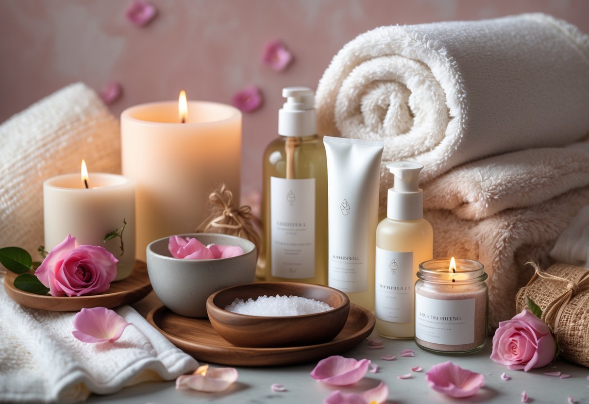 A spa setting with towels, candles, rose petals, skincare products, bath salts, and a cup of tea arranged on a wooden tray.