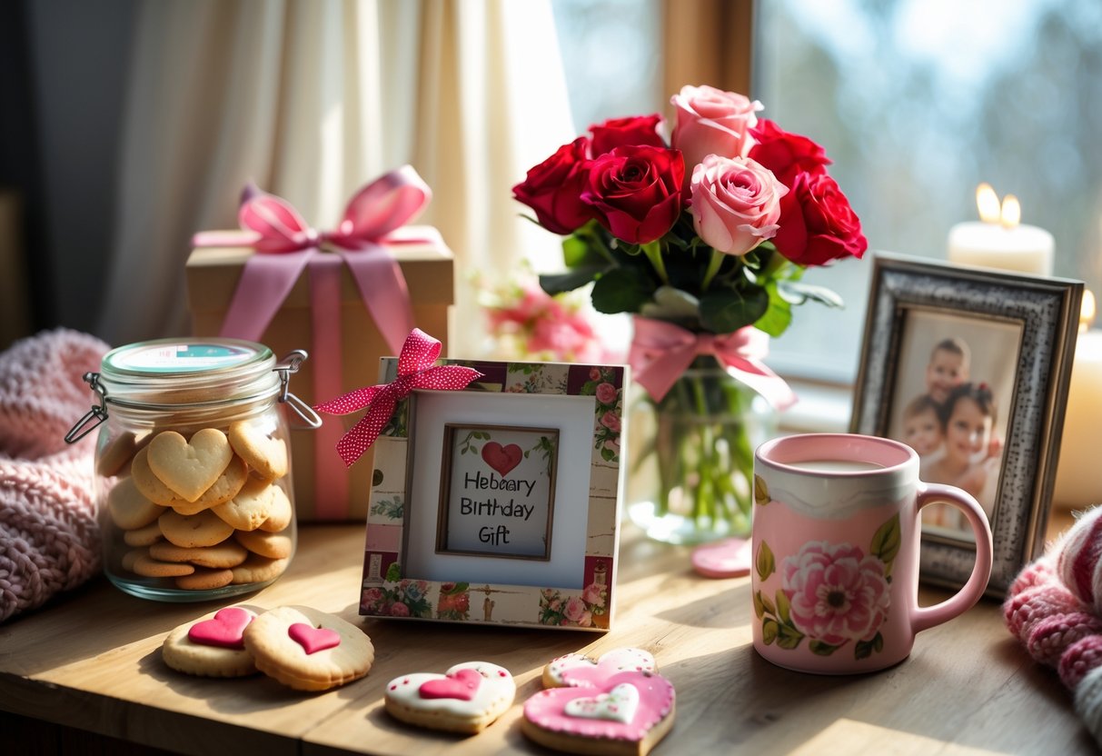 A table displaying handmade gifts including heart-shaped cookies in a jar, a bouquet of red and pink roses, a personalized photo frame, and a painted ceramic mug, with soft natural light and cozy home decor in the background.