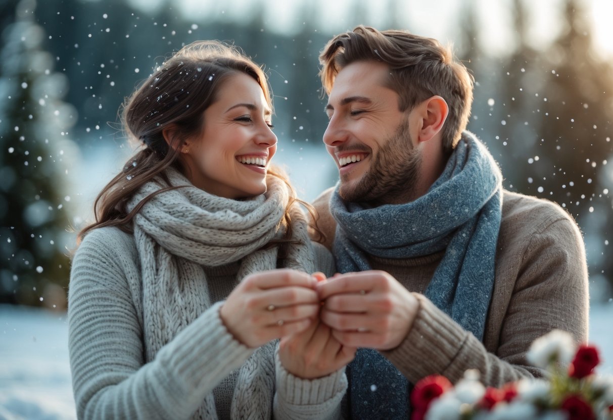 A couple outdoors in a snowy winter setting, holding hands and smiling warmly at each other surrounded by winter trees.