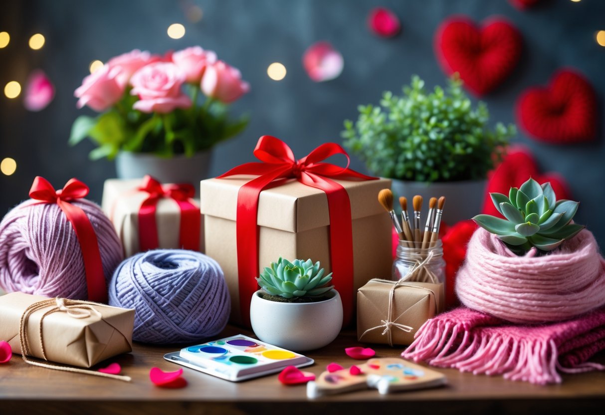 A collection of hobby-inspired gifts including yarn, watercolor paints, a succulent plant, a wrapped box, and a scarf arranged on a wooden table with soft lighting and rose petals in the background.