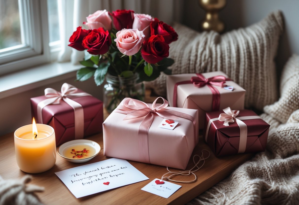 A cozy table with wrapped gifts, red and pink roses, a lit candle, a cup of tea, and a handwritten card in a softly lit room.