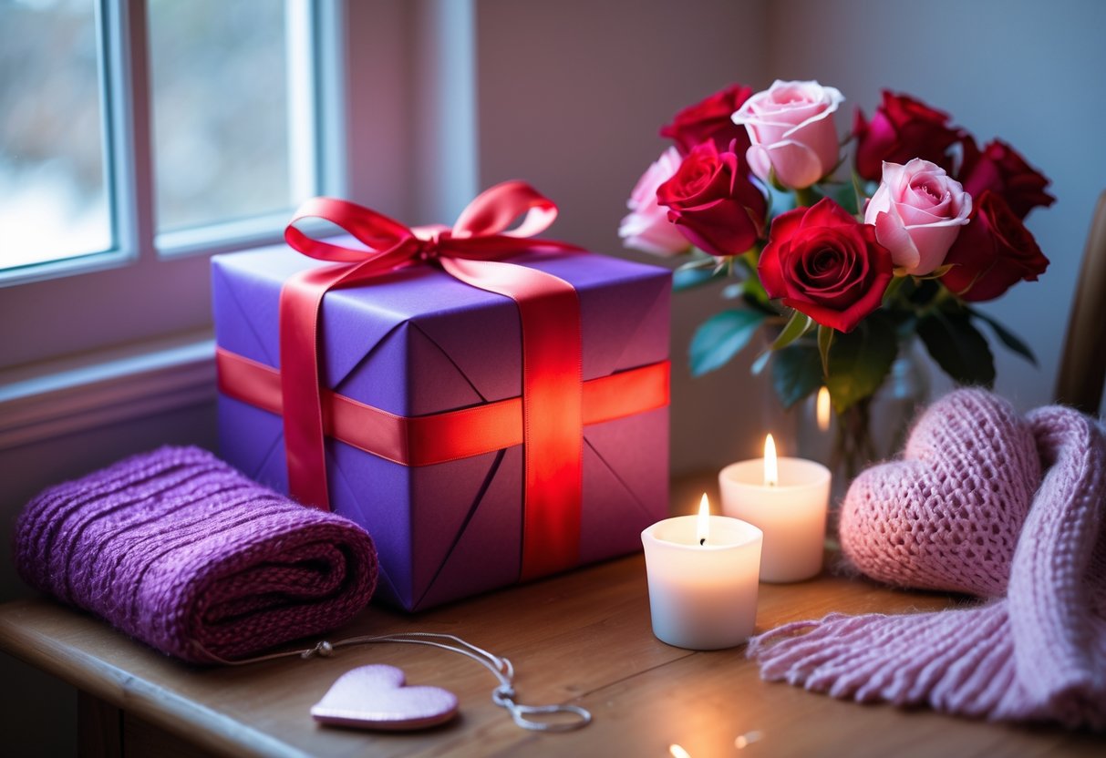 A gift box wrapped in purple and red paper with roses, candles, a knitted scarf, and a heart-shaped ornament on a wooden table by a window.