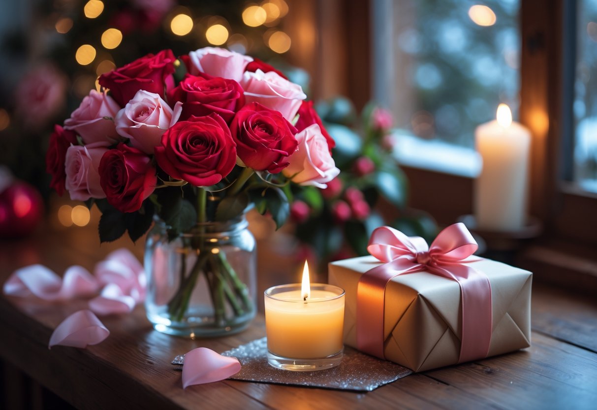 A romantic arrangement of red and pink roses, a wrapped gift box with a ribbon, and a lit candle on a wooden table near a window with snow outside.
