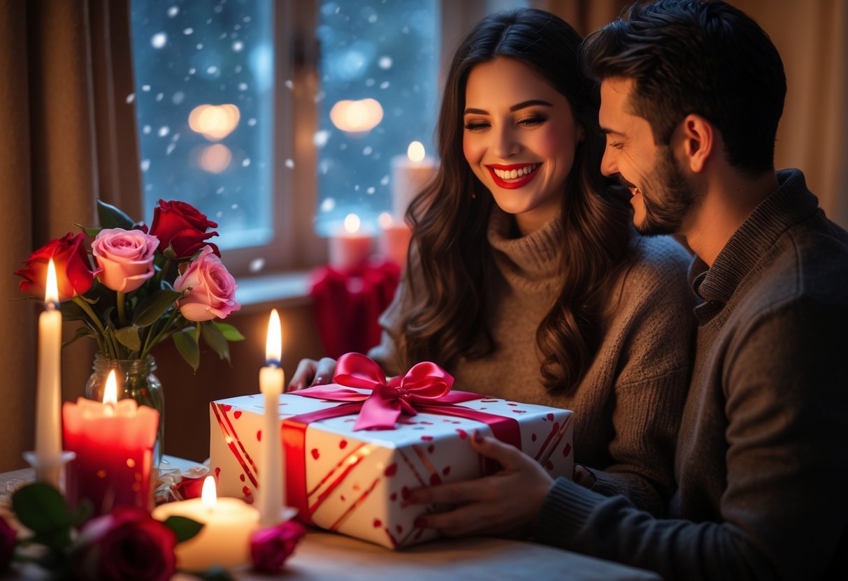 A couple sharing a joyful moment as the woman receives a wrapped gift in a cozy room decorated with roses and candles, with snow visible outside the window.