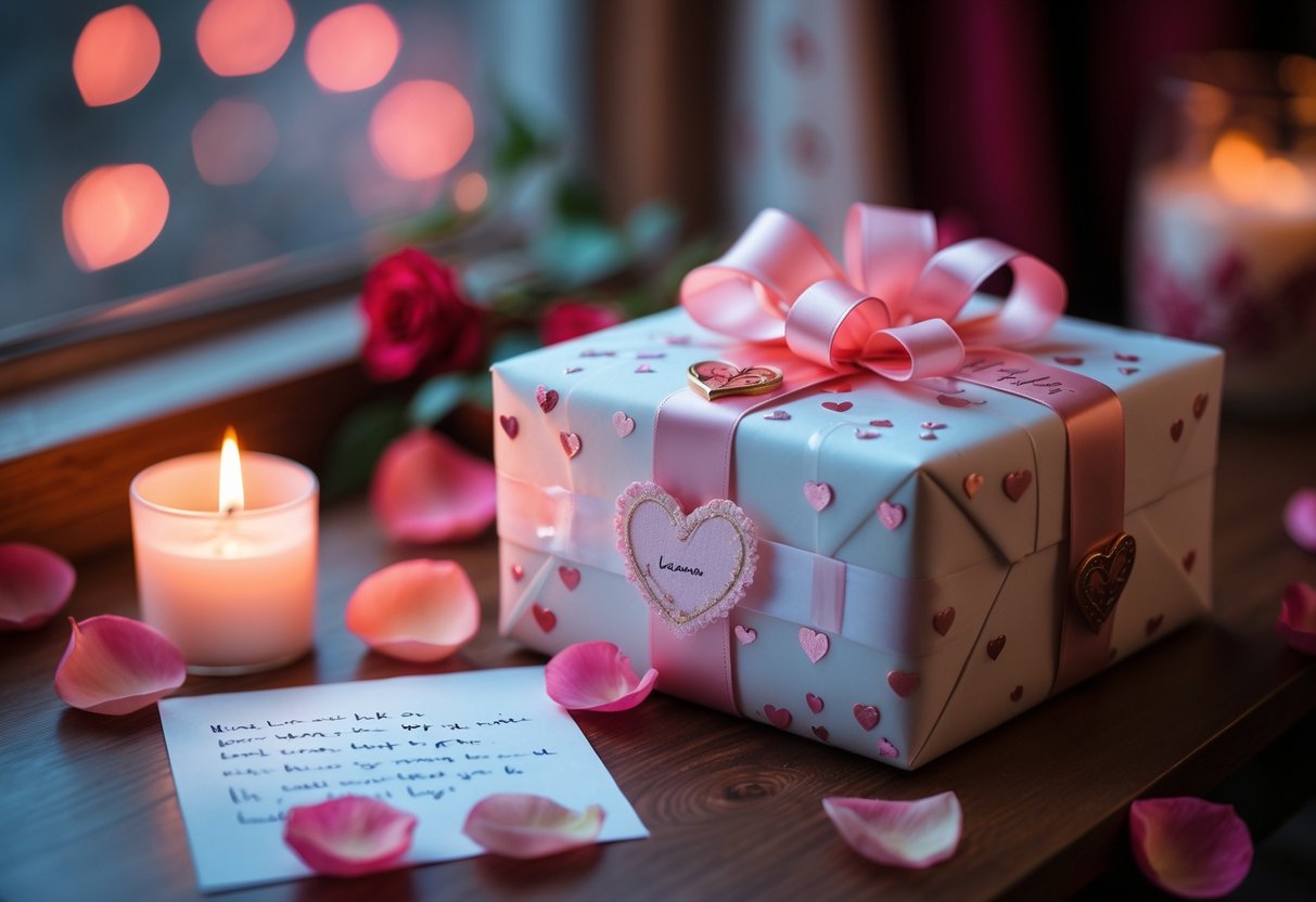 A personalized gift box with ribbons on a wooden table surrounded by rose petals, a handwritten note, and a lit candle.