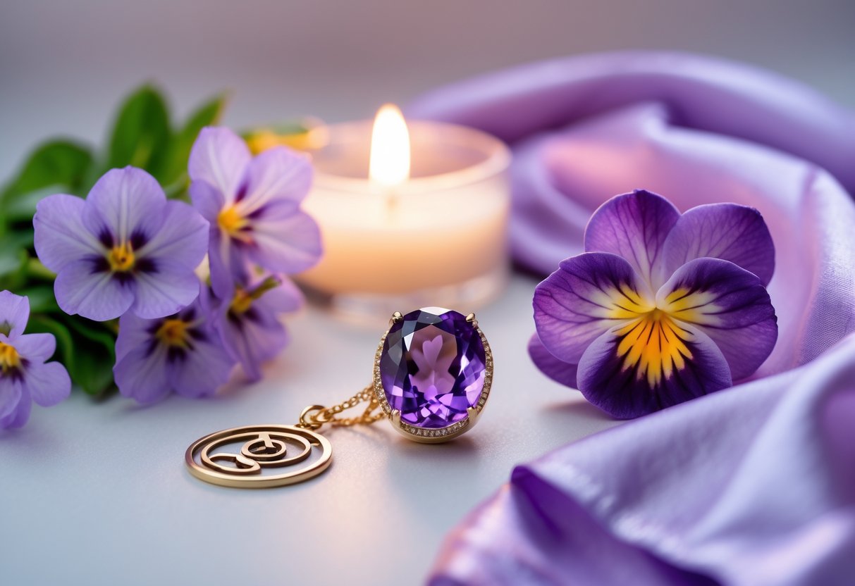 A close-up of a February-themed gift arrangement with an amethyst gemstone, purple violets and primroses flowers, and a zodiac charm on a softly lit surface.