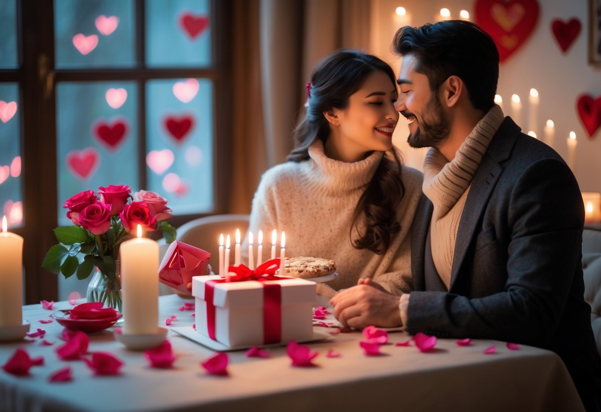 A couple sharing a tender moment at a candlelit table decorated with roses, a birthday cake, and a gift box, celebrating a woman's birthday.