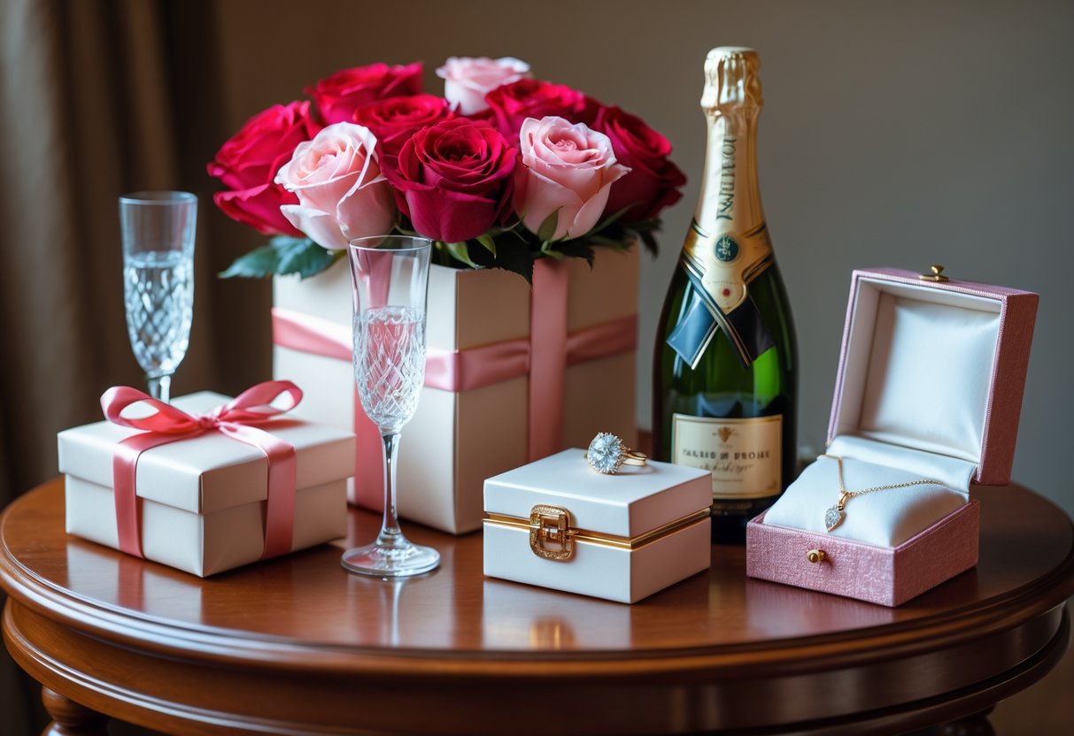 A table with luxurious wrapped gifts, a bouquet of red and pink roses, a champagne bottle with two glasses, and an open jewelry box with a necklace inside.