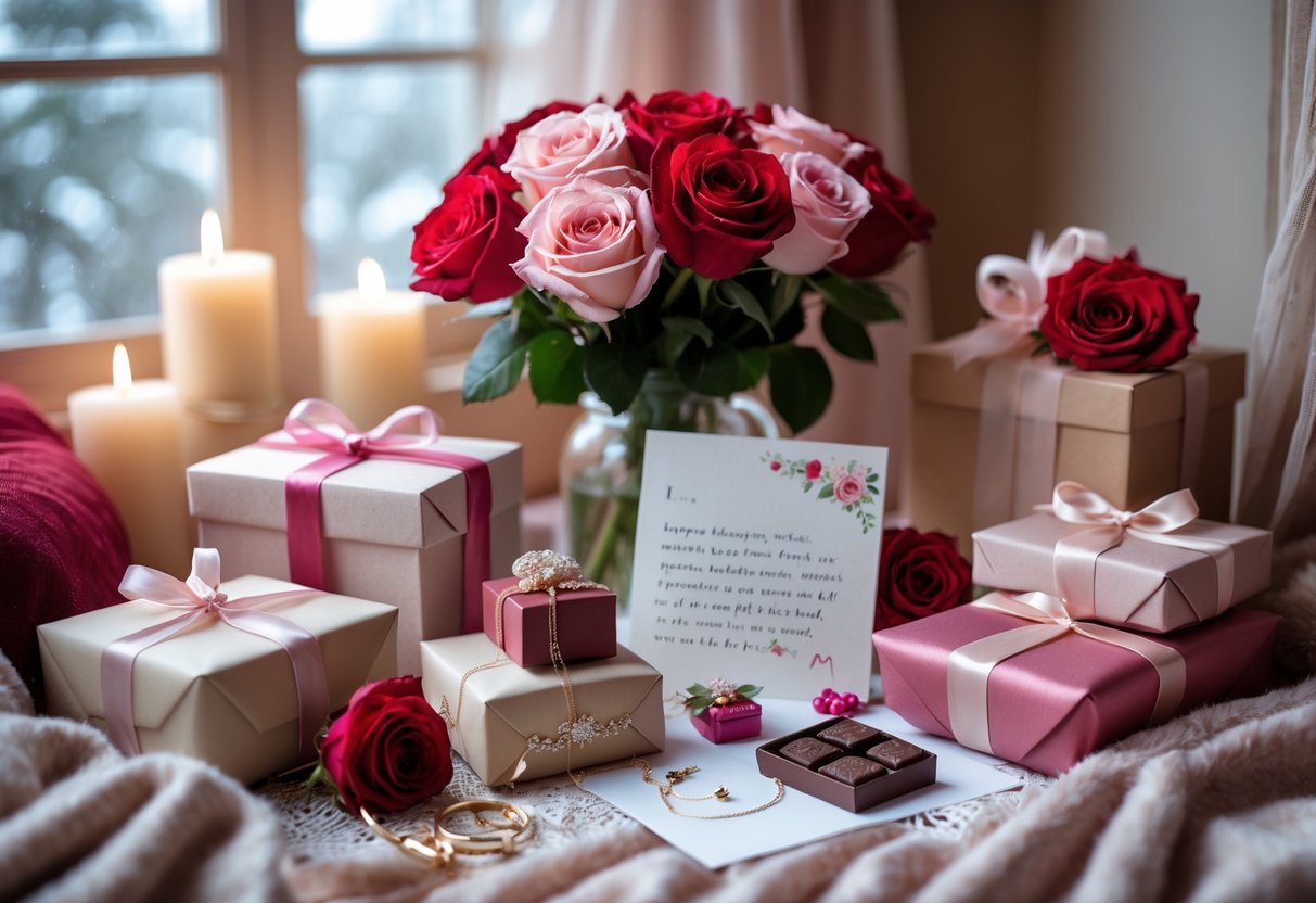 A cozy scene with romantic birthday gifts including wrapped presents, roses, a love letter, chocolates, and jewelry arranged on a soft surface near a window with light snowfall outside.