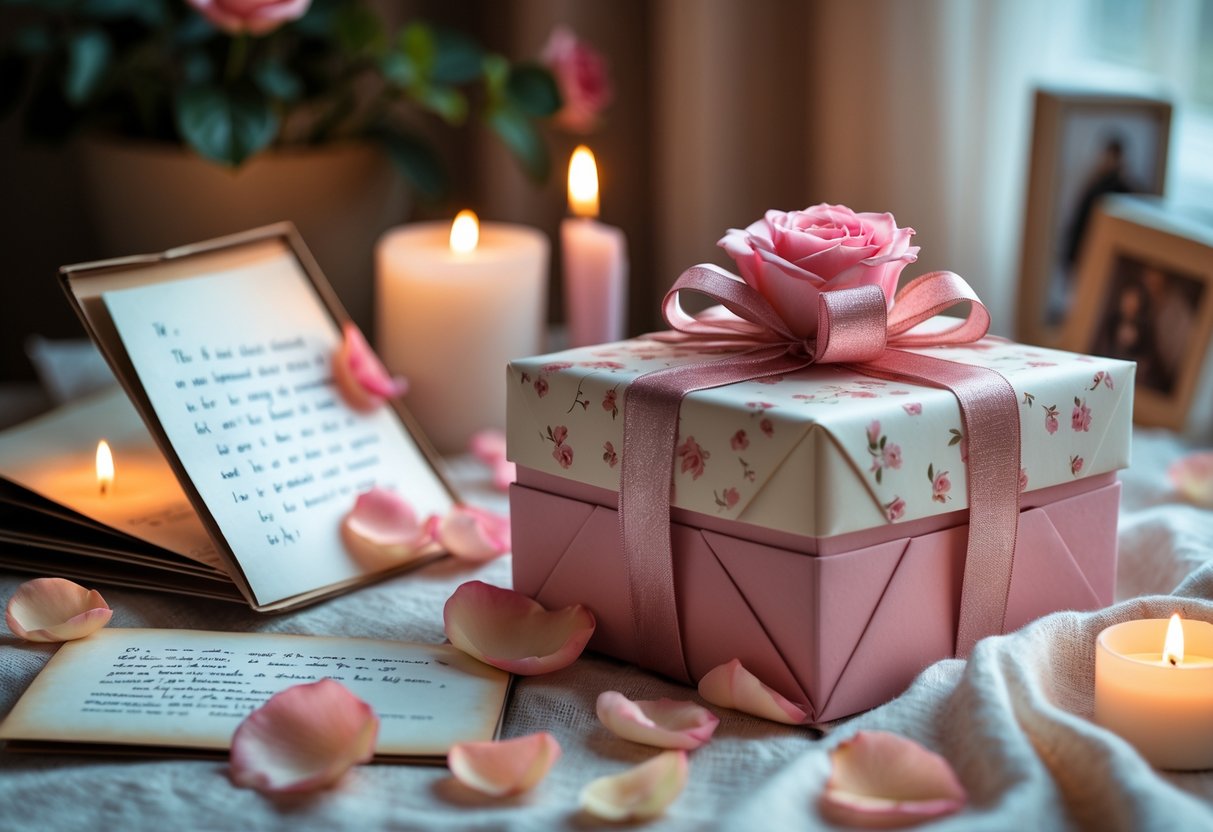 A romantic gift box with rose petals, a handwritten letter, and an open photo album on a soft surface, surrounded by candlelight.