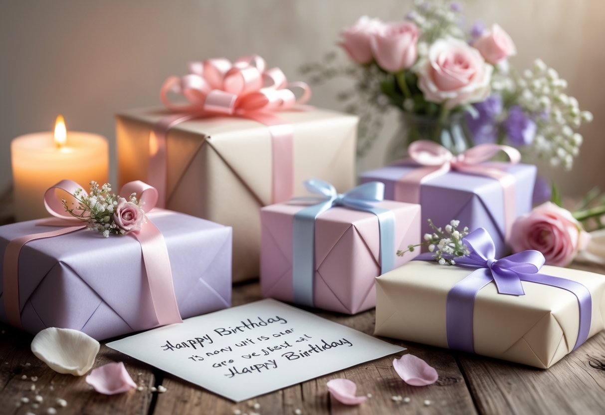 A table with wrapped birthday gifts, a handwritten card, fresh flowers, and a lit candle arranged together.