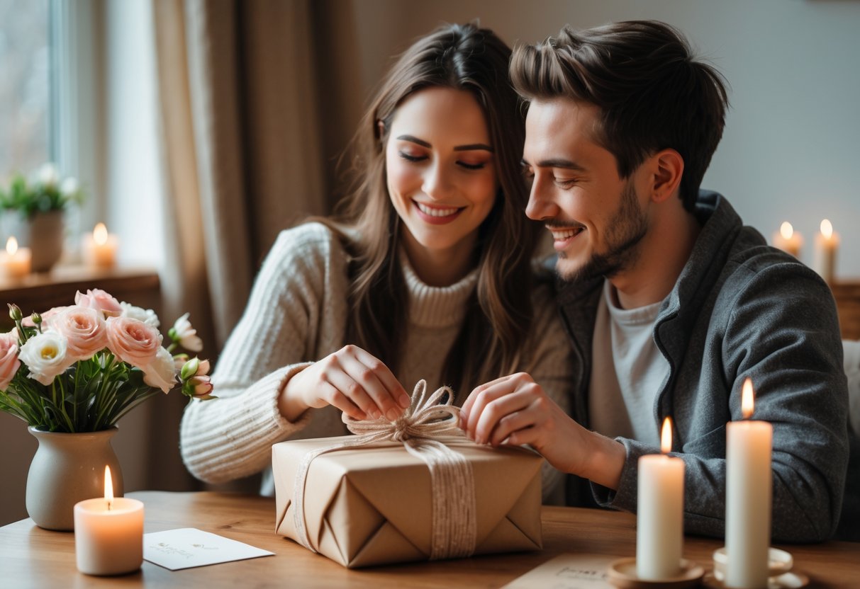 A couple sharing a warm moment as the woman receives a thoughtful gift from the man in a cozy indoor setting with flowers and candles nearby.