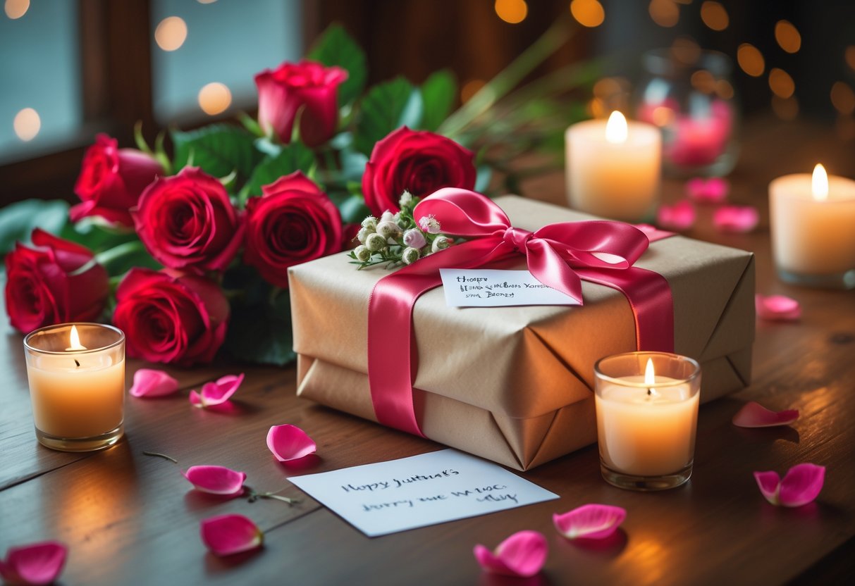 A beautifully wrapped romantic birthday gift with red roses and candles on a wooden table.