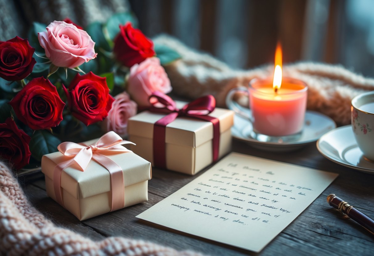 A romantic birthday gift scene with roses, a wrapped present, a handwritten letter, and a lit candle on a cozy table.