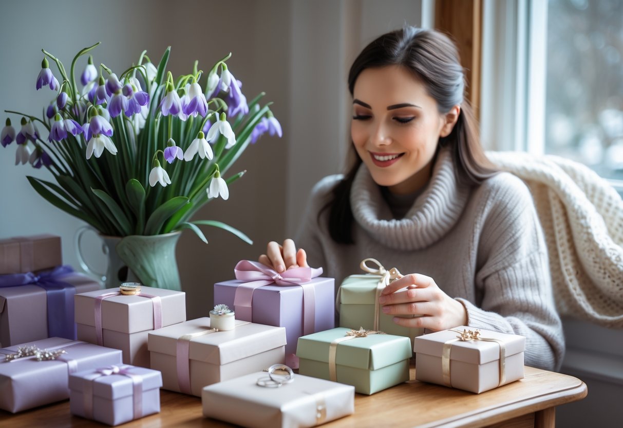 A woman sitting at a table selecting from wrapped gifts and flowers near a window with natural light.