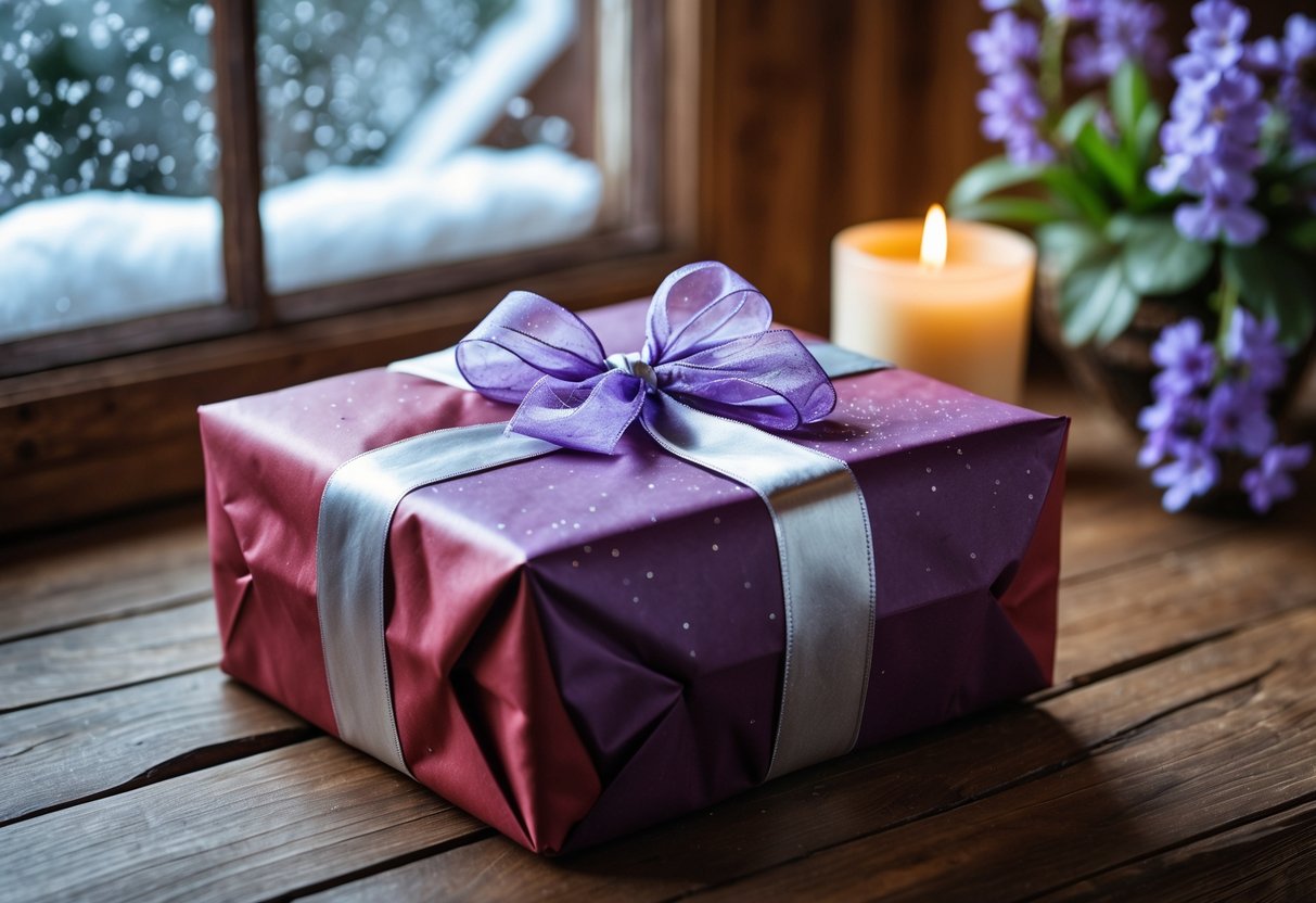 A wrapped February birthday gift with red and purple paper and silver ribbon on a wooden table near a window with falling snowflakes, a lit candle, and purple flowers.