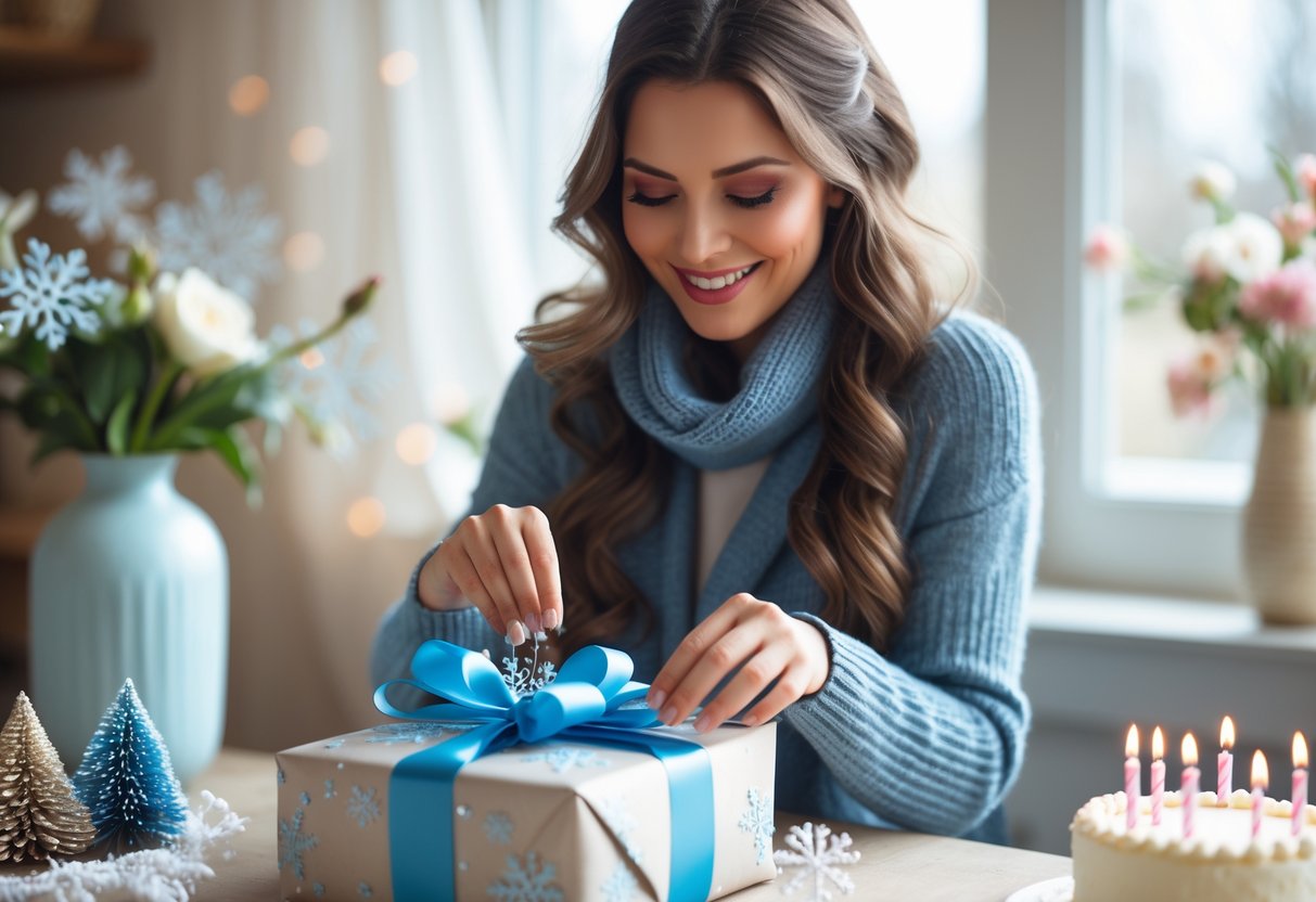 A woman unwrapping a birthday gift in a cozy room with a small cake on the table nearby.