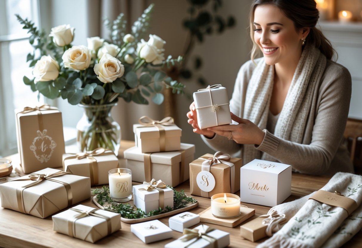 A woman holding a personalized gift among an arrangement of wrapped presents and handcrafted items on a wooden table with winter flowers nearby.