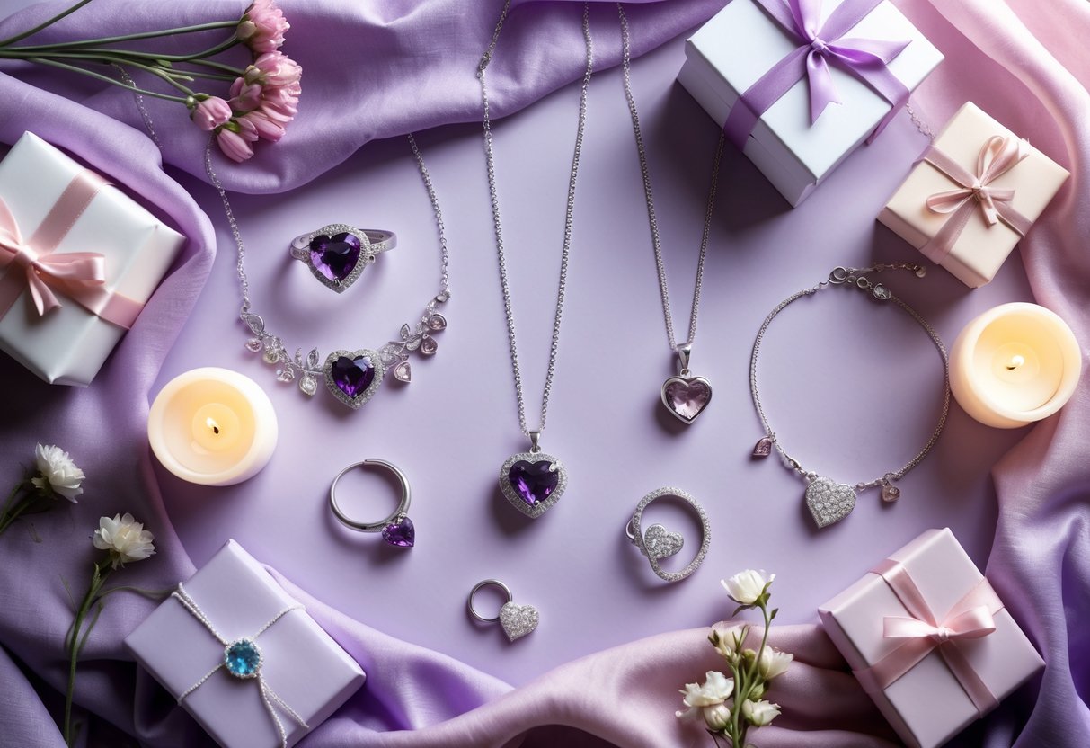 A flat lay of amethyst rings, silver necklaces, and charm bracelets arranged on pastel fabric with flowers, gift boxes, and candles.