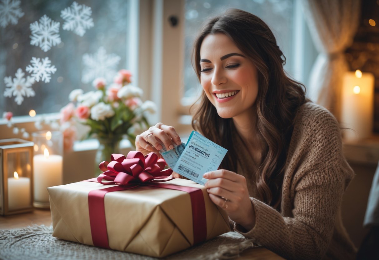 A woman happily opening a gift with tickets inside, surrounded by a cozy room with winter decorations.