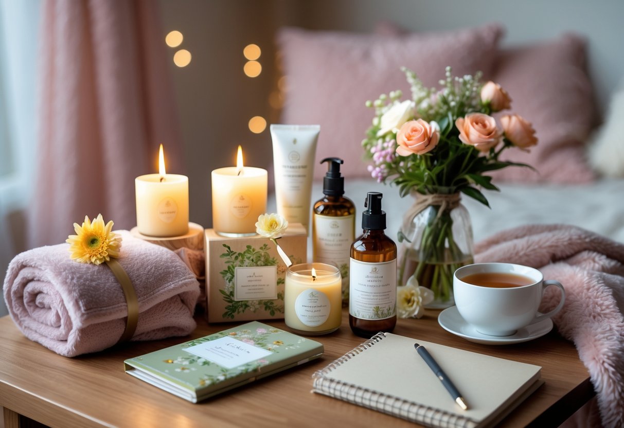 A cozy table displaying self-care gifts including candles, skincare products, a blanket, flowers, a journal, and a cup of tea in a softly lit room.