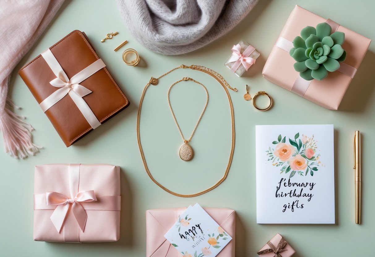 A flat lay of birthday gifts including a leather planner, gold necklace, cashmere scarf, wrapped box, potted succulent, and a handwritten card on a pastel background.