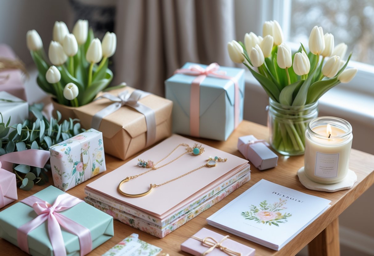 A table with artistic gift items including jewelry, flowers, a notebook, wrapping materials, and a candle arranged in a cozy home setting.