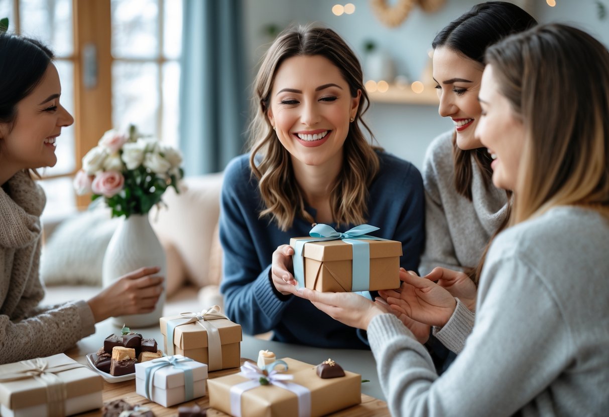 A woman smiling as she receives a wrapped gift during a small birthday celebration with friends in a cozy indoor setting decorated with winter-themed accents.
