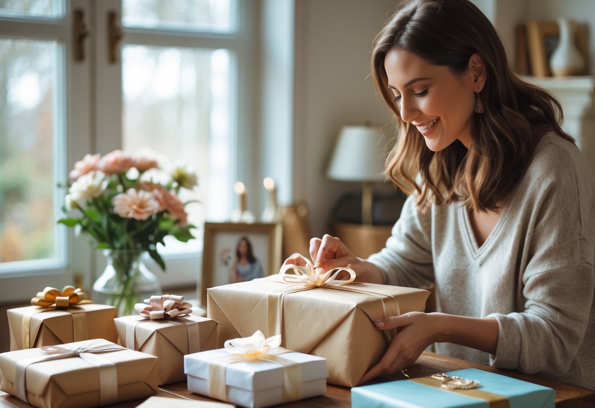 A woman thoughtfully selecting a wrapped gift at a wooden table with flowers and jewelry boxes nearby in a cozy room.