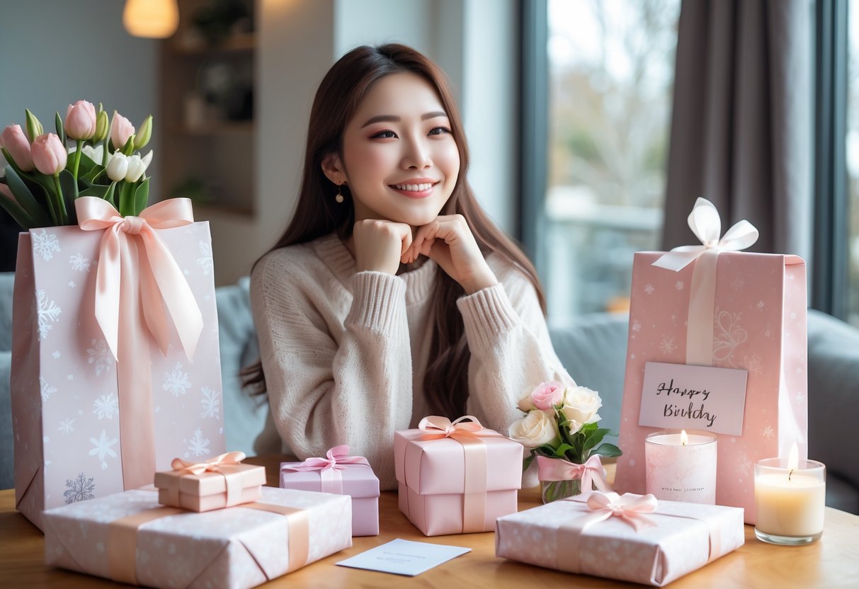 A smiling young woman sitting at a table with wrapped birthday gifts, flowers, and a card in a bright living room.