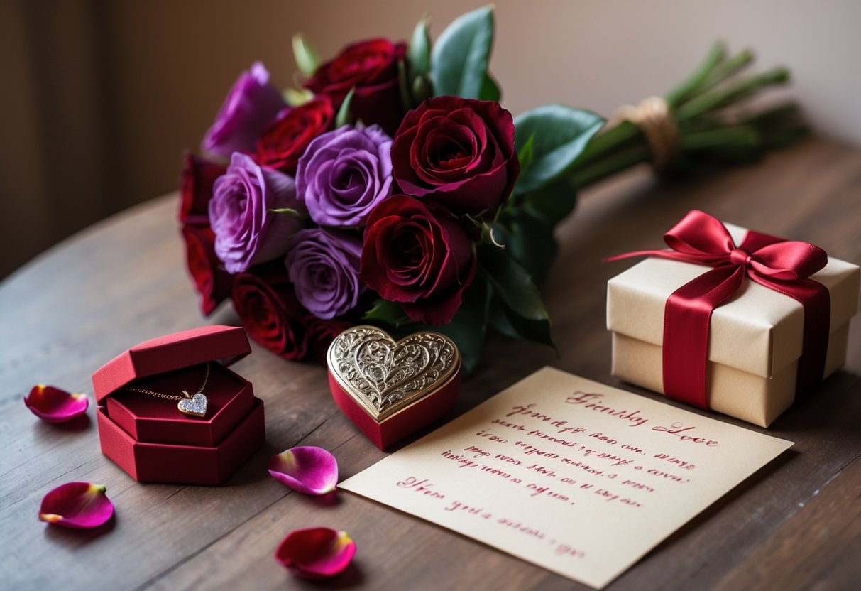 A table with a bouquet of red and purple flowers, a heart-shaped jewelry box with a necklace, a wrapped gift box with a ribbon, a handwritten note, and scattered rose petals.