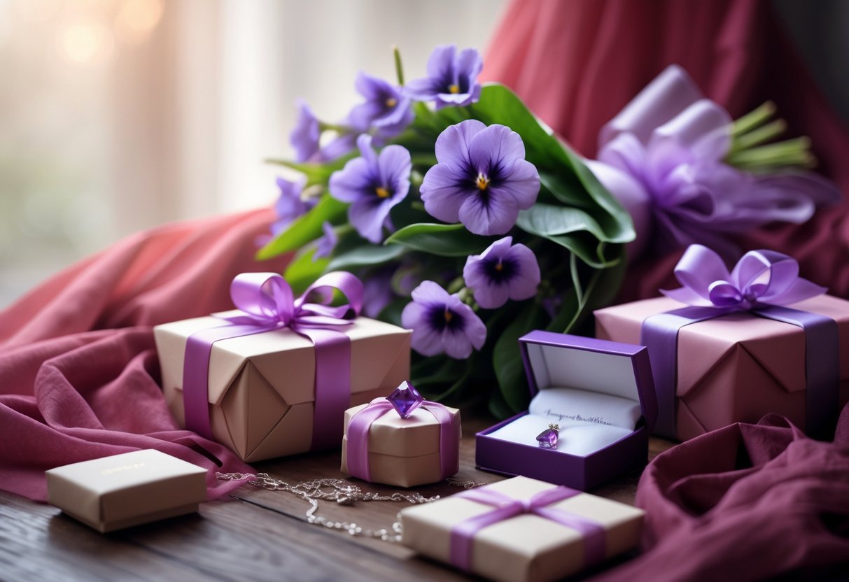 A table with a bouquet of violets, amethyst crystals, wrapped gifts, and an open jewelry box showing an amethyst necklace.