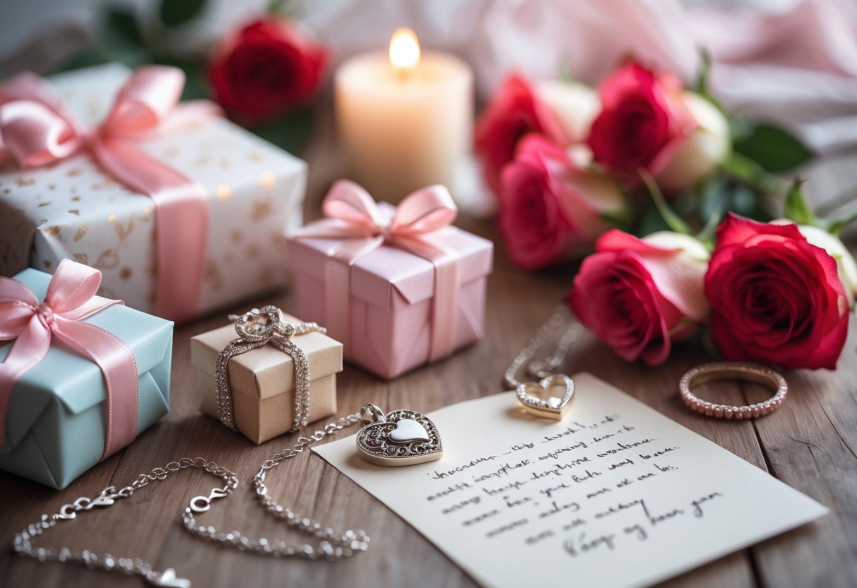 A table with wrapped gift boxes, a heart-shaped necklace, roses, and candlelight arranged to suggest a romantic personalized birthday gift for her.