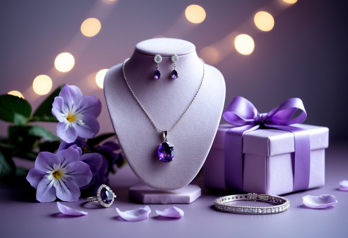 An elegant display of amethyst jewelry including a necklace, earrings, and bracelet arranged with a wrapped gift box and purple flowers on a soft surface.