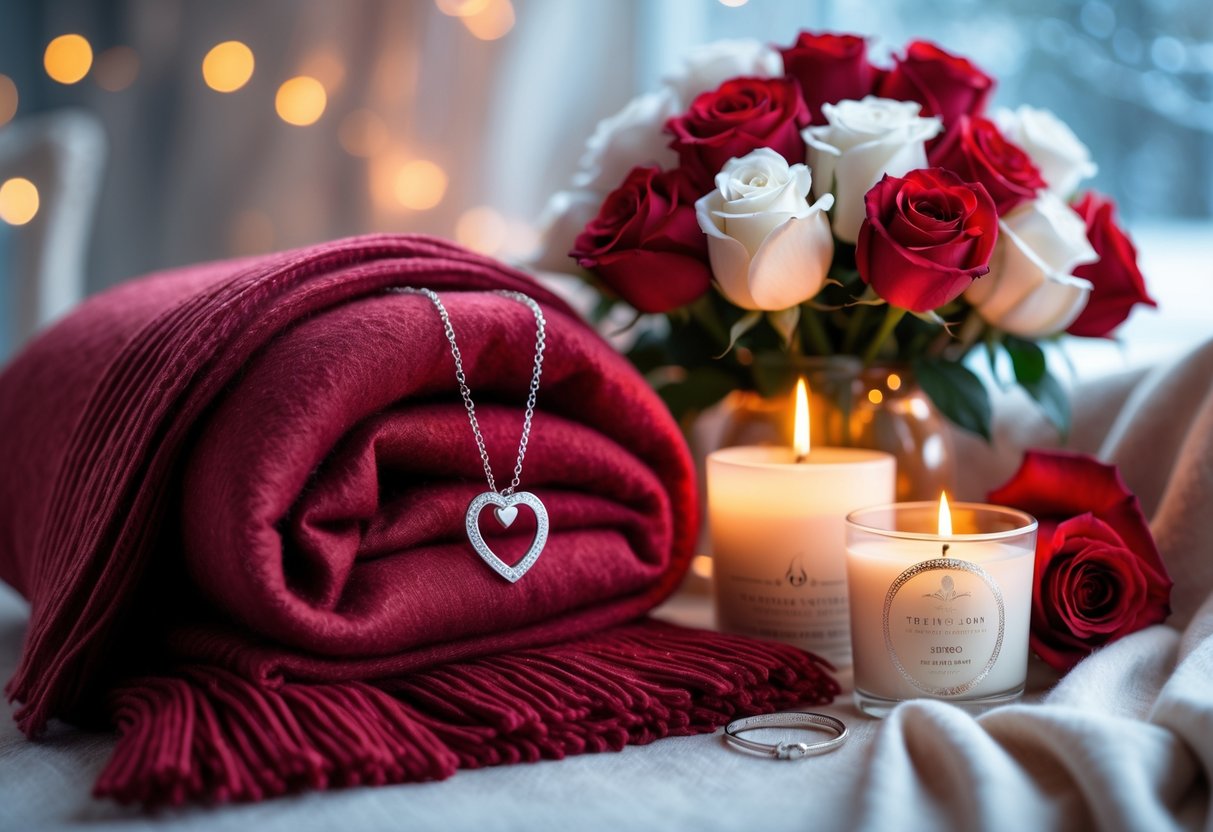 A collection of luxurious gifts including a red cashmere scarf, silver heart necklace, glowing scented candle, and a bouquet of red and white roses arranged on a soft surface.