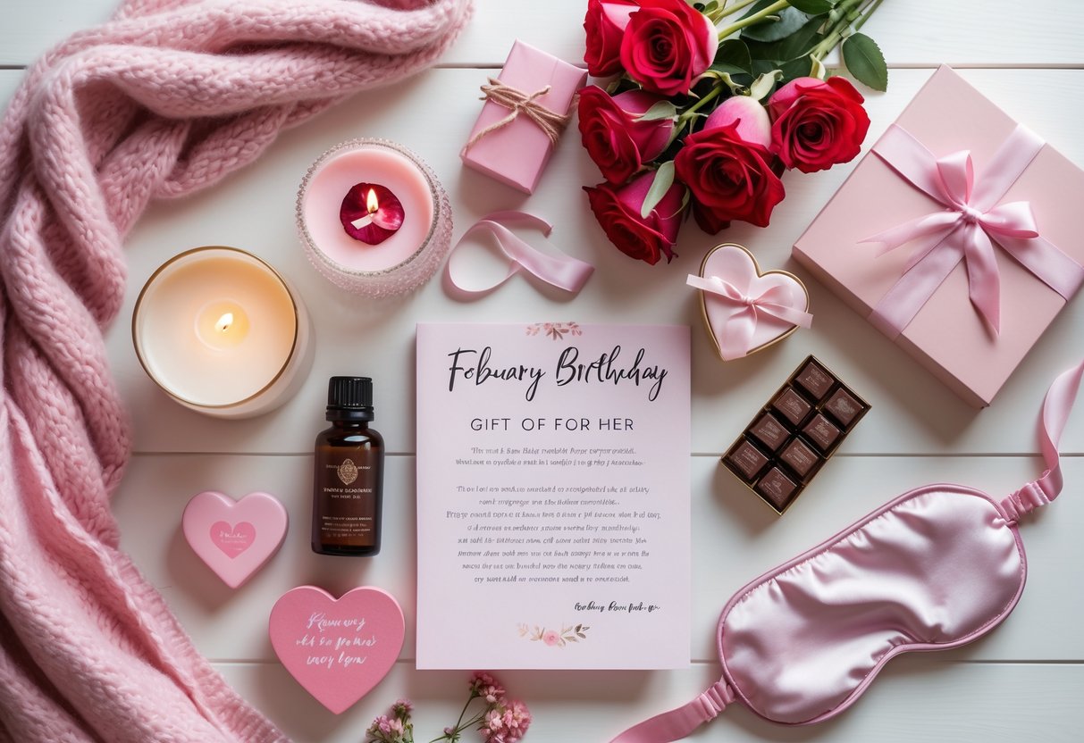 A flat lay of wellness and relaxation gifts including a cashmere scarf, scented candles, roses, chocolates, sleep mask, essential oils, and a handwritten note on a light wooden surface.