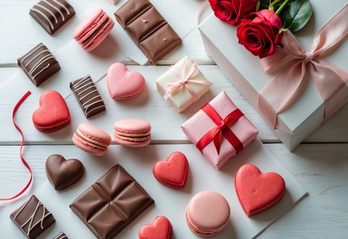 A flat lay of chocolates, heart-shaped cookies, pink and red macarons, a small bouquet of red and white roses, and a wrapped gift box on a light wooden surface.