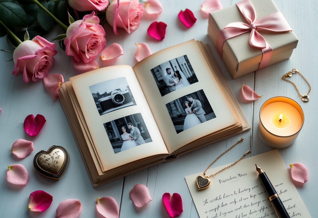 A flat lay of a vintage photo album, rose petals, a wrapped gift box, a handwritten letter, a heart-shaped locket, and a lit candle on a wooden surface.