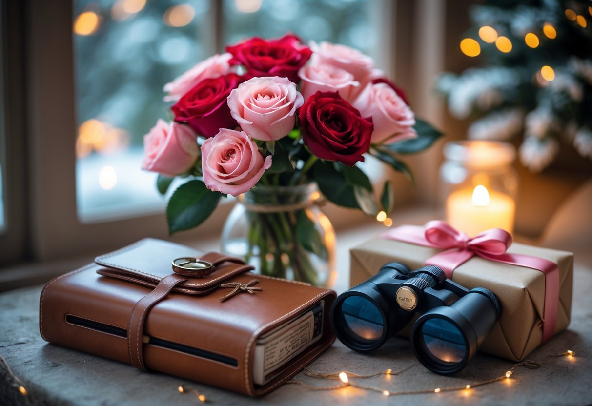 A cozy arrangement of roses, a leather journal, vintage binoculars, and a wrapped gift box on a wooden surface with soft natural light and a blurred snowy background.