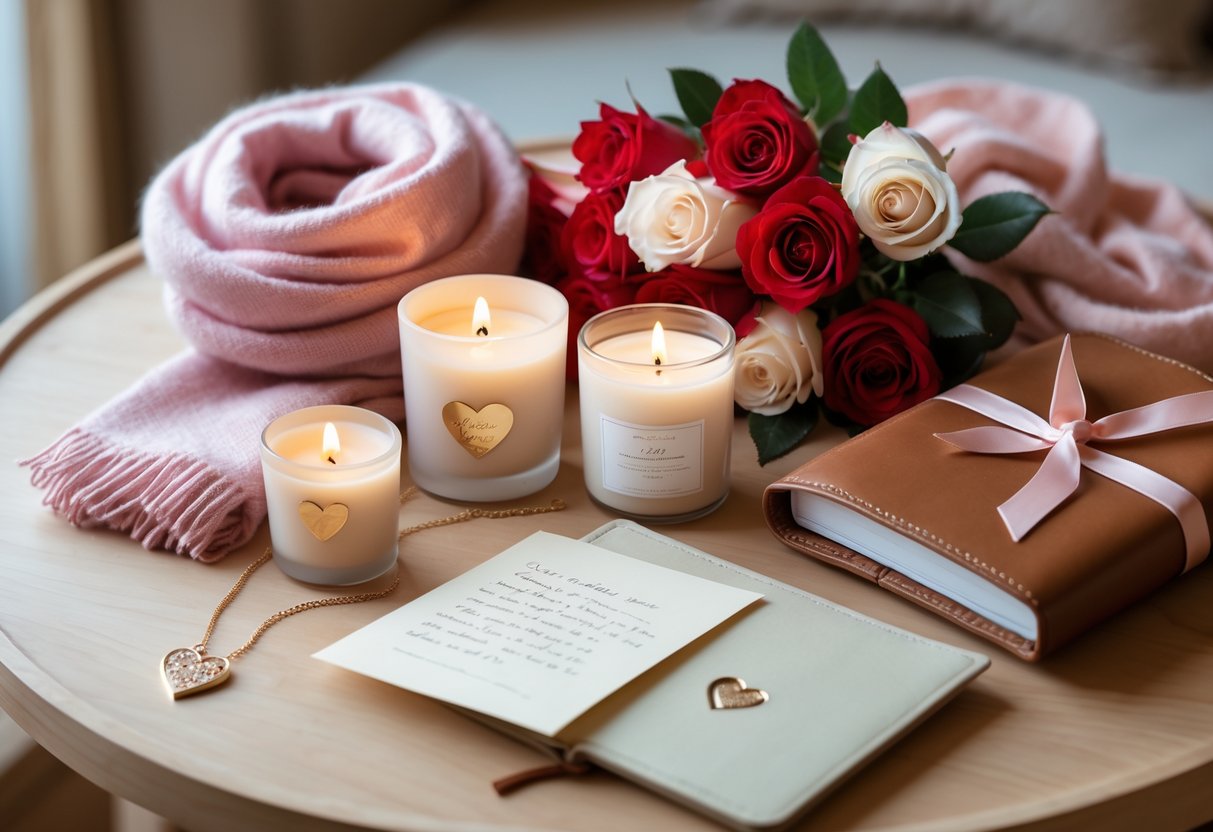 A collection of elegant February birthday gifts for her, including a rose gold heart necklace, pink cashmere scarf, bouquet of red and white roses, scented candles, a handwritten note, and a leather journal, arranged on a wooden table.